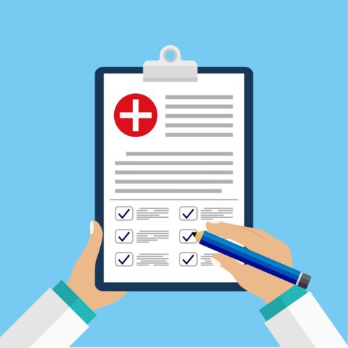 Clinical record, prescription, medical checkup report, health insurance concepts. Clipboard with checklist and medical cross and doctor hands in mockup style for website or mobile apps design.